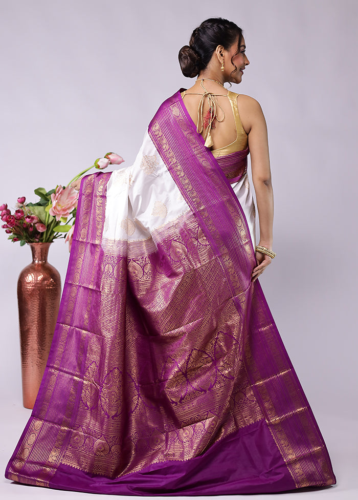 White Kanjivaram Silk Saree With Blouse Piece
