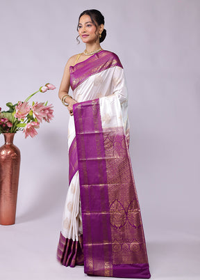 White Kanjivaram Silk Saree With Blouse Piece