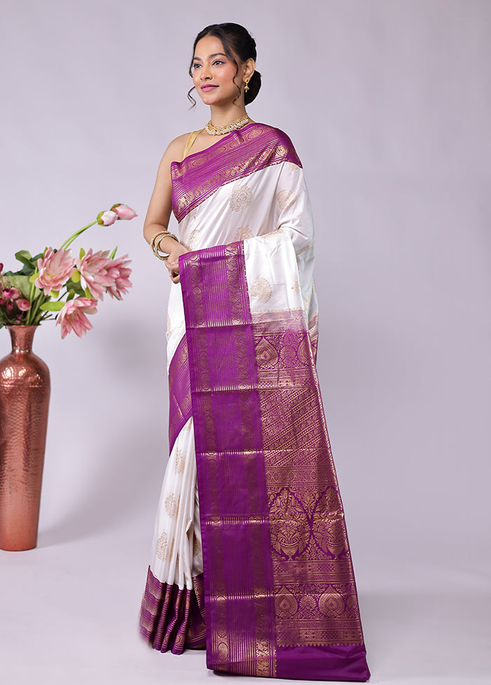 White Kanjivaram Silk Saree With Blouse Piece