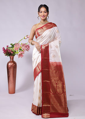 White Kanjivaram Silk Saree With Blouse Piece