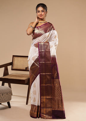 White Kanjivaram Silk Saree With Blouse Piece