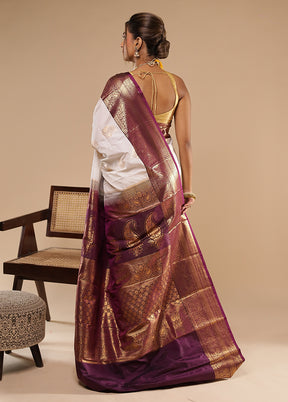 White Kanjivaram Silk Saree With Blouse Piece