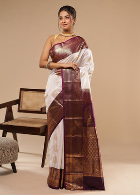 White Kanjivaram Silk Saree With Blouse Piece