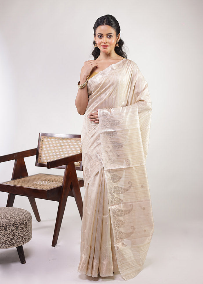 Cream Kora Silk Saree With Blouse Piece