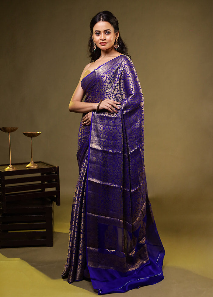 Blue Handloom Pure Georgette Saree With Blouse Piece