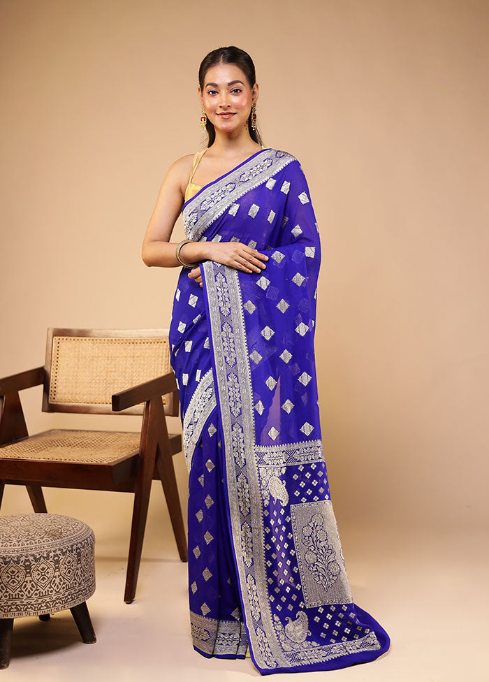 Blue Handloom Pure Georgette Saree With Blouse Piece