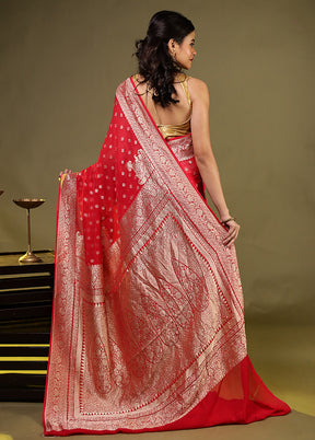 Red Handloom Pure Georgette Saree With Blouse Piece