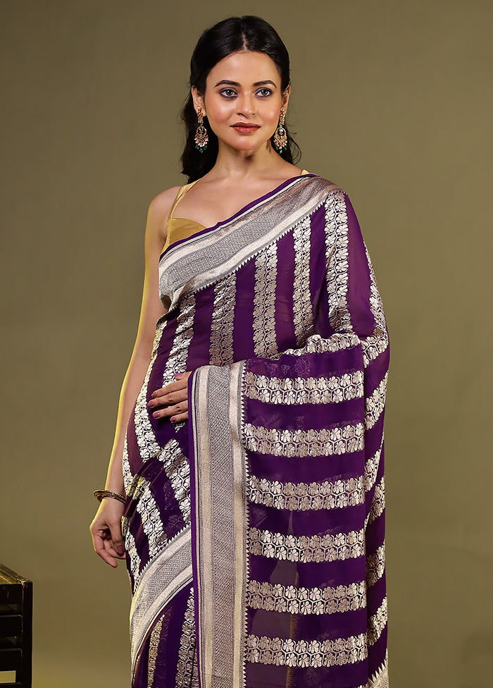 Purple Handloom Pure Georgette Saree With Blouse Piece