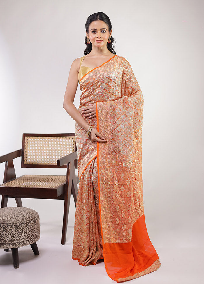 Orange Handloom Pure Georgette Saree With Blouse Piece