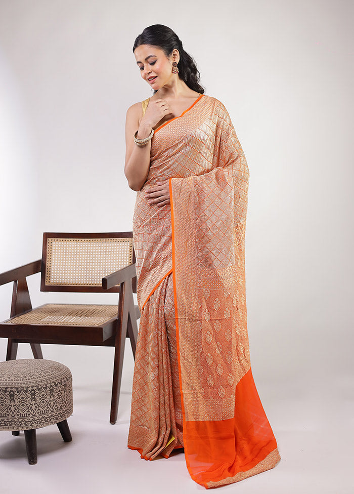 Orange Handloom Pure Georgette Saree With Blouse Piece