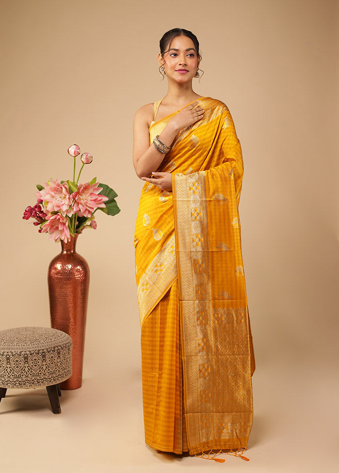Yellow Dupion Silk Saree With Blouse Piece