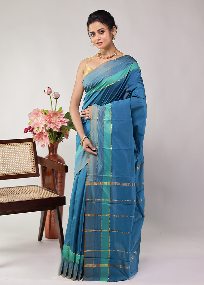 Blue Kanjivaram Silk Saree With Blouse Piece