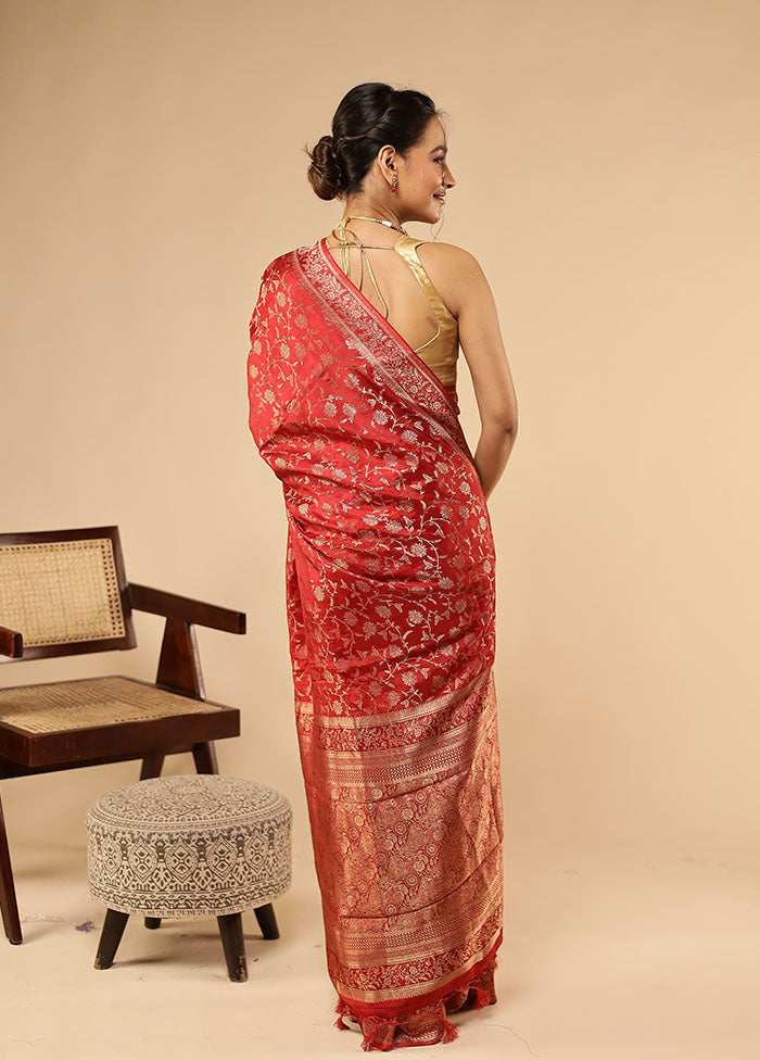 Red Dupion Silk Saree With Blouse Piece