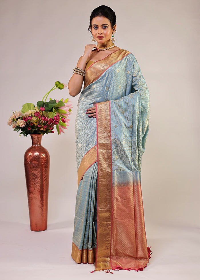 Blue Kanjivaram Silk Saree With Blouse Piece