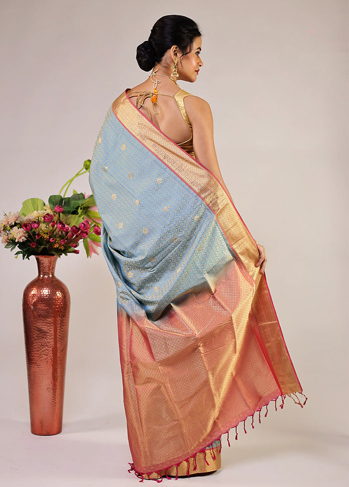 Blue Kanjivaram Silk Saree With Blouse Piece