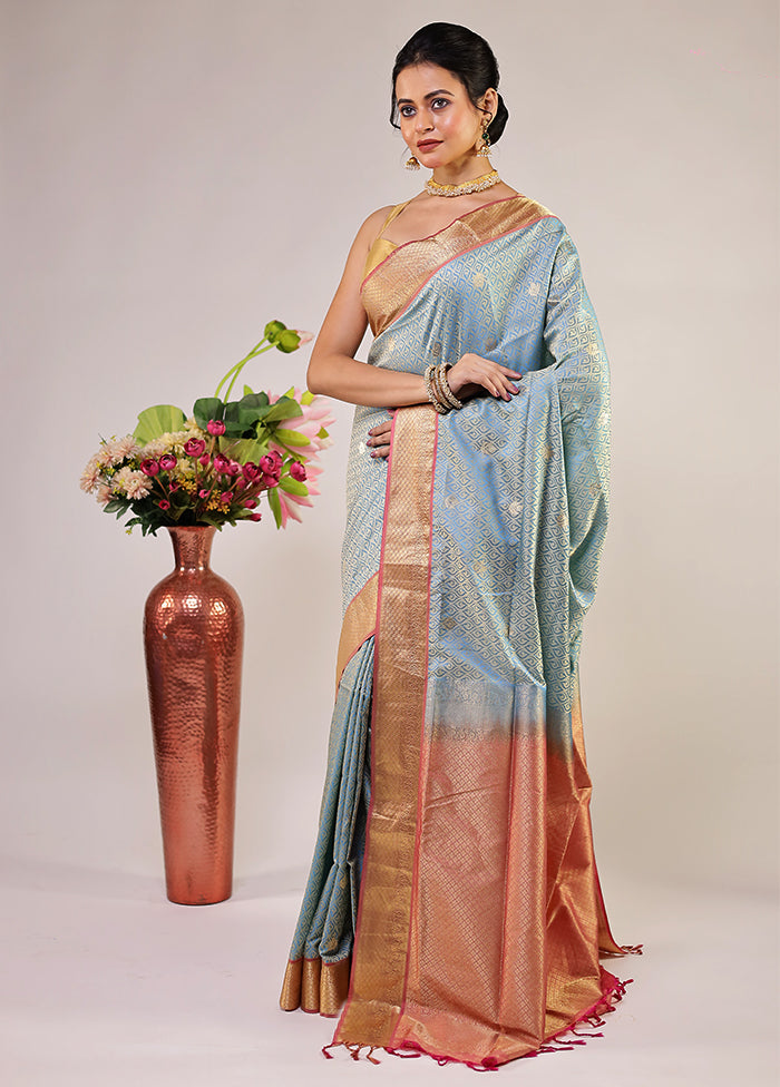 Blue Kanjivaram Silk Saree With Blouse Piece