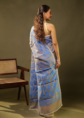 Blue Jamdani Cotton Saree Without Blouse Piece