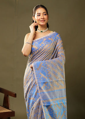 Blue Jamdani Cotton Saree Without Blouse Piece