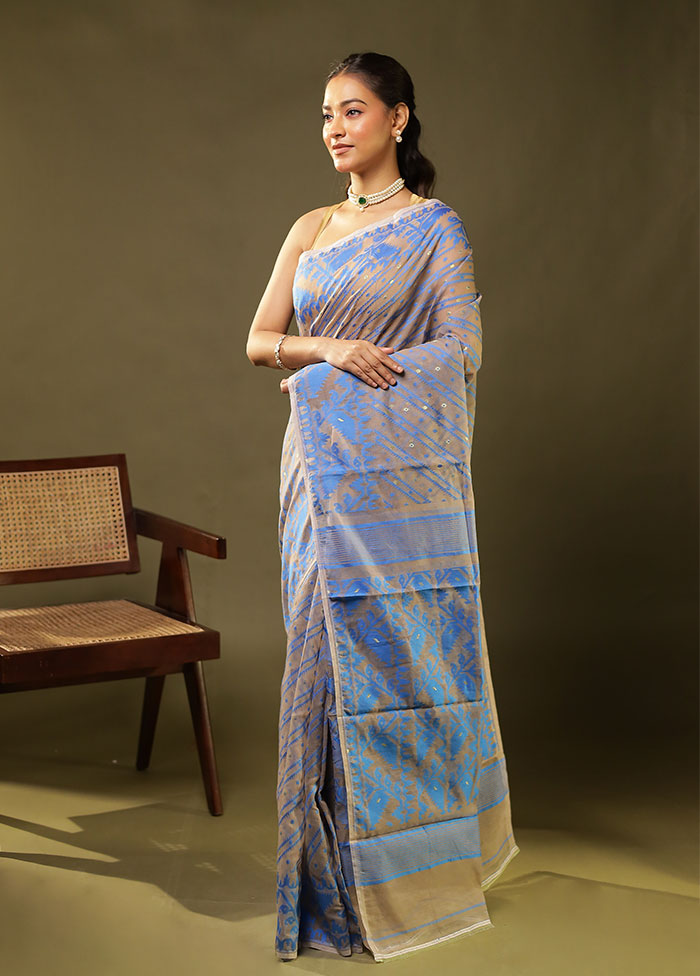 Blue Jamdani Cotton Saree Without Blouse Piece