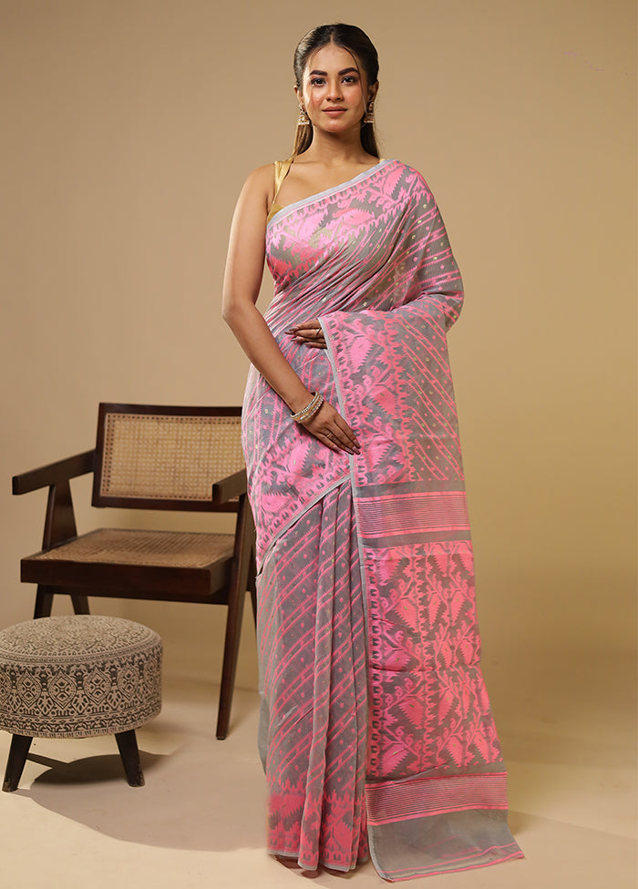 Pink Jamdani Cotton Saree Without Blouse Piece