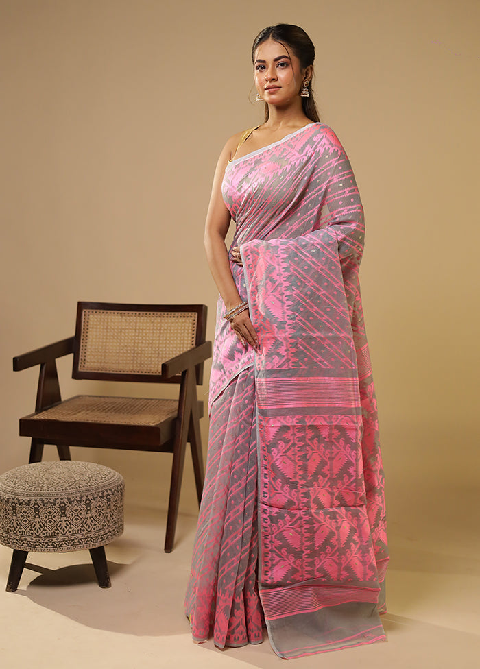 Pink Jamdani Cotton Saree Without Blouse Piece