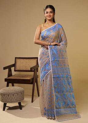 Blue Jamdani Cotton Saree Without Blouse Piece