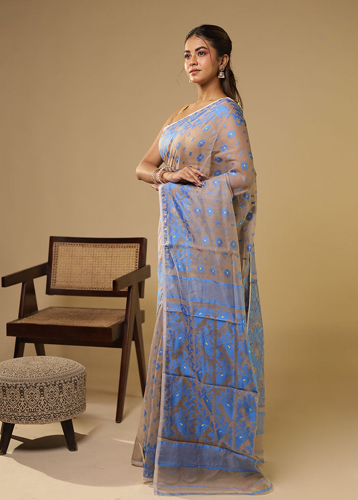 Grey Jamdani Cotton Saree Without Blouse Piece