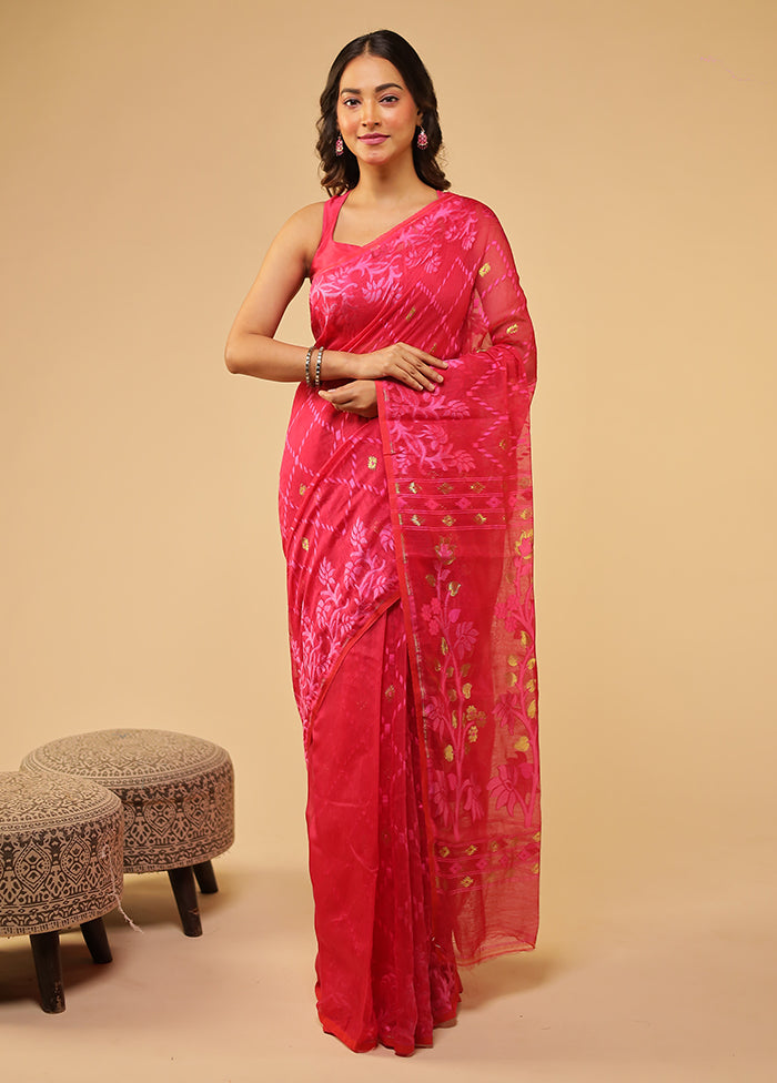 Red Jamdani Cotton Saree With Blouse Piece