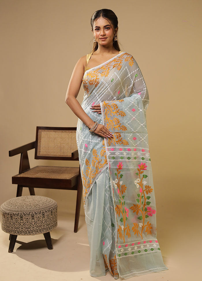 Green Jamdani Cotton Saree With Blouse Piece
