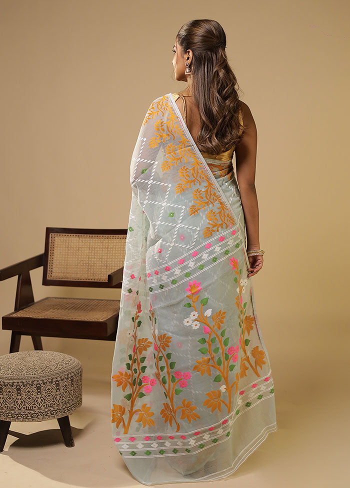 Green Jamdani Cotton Saree With Blouse Piece