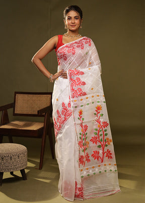 White Jamdani Cotton Saree With Blouse Piece