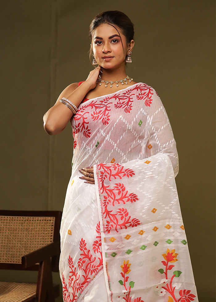 White Jamdani Cotton Saree Without Blouse Piece