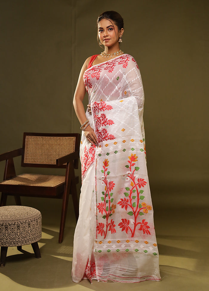 White Jamdani Cotton Saree Without Blouse Piece