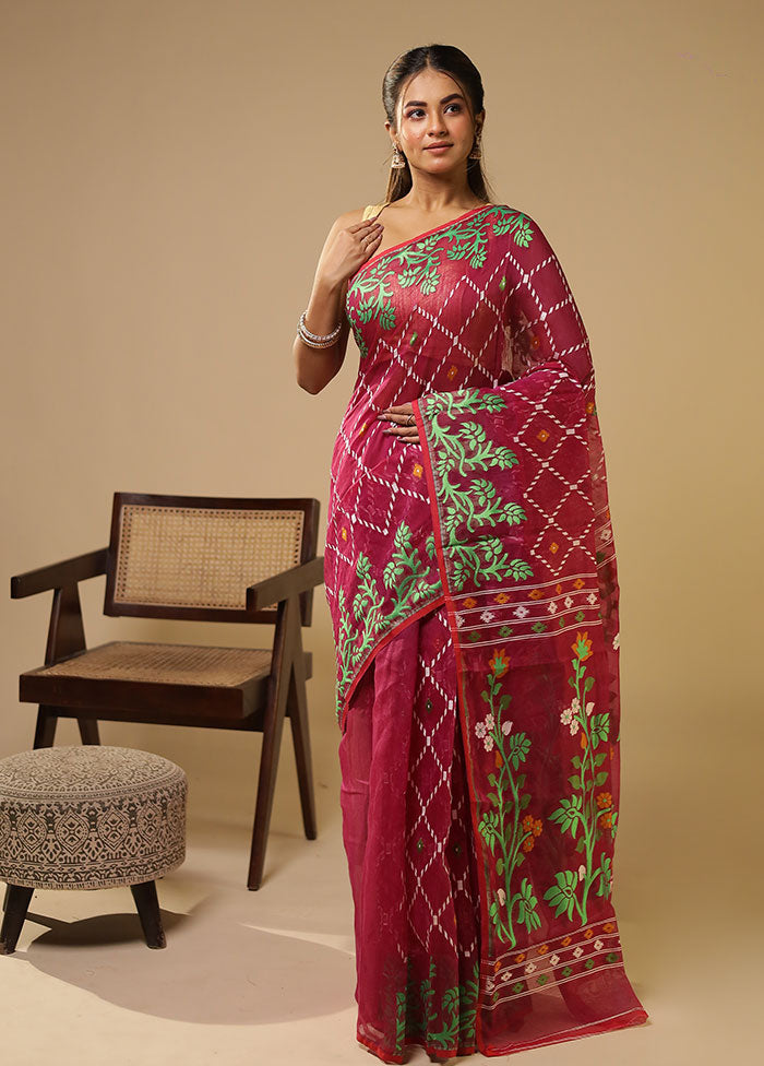 Maroon Jamdani Cotton Saree With Blouse Piece