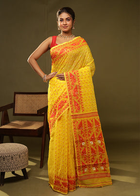 Yellow Jamdani Cotton Saree Without Blouse Piece