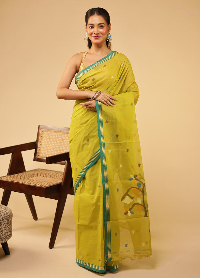 Yellow Jamdani Cotton Saree Without Blouse Piece