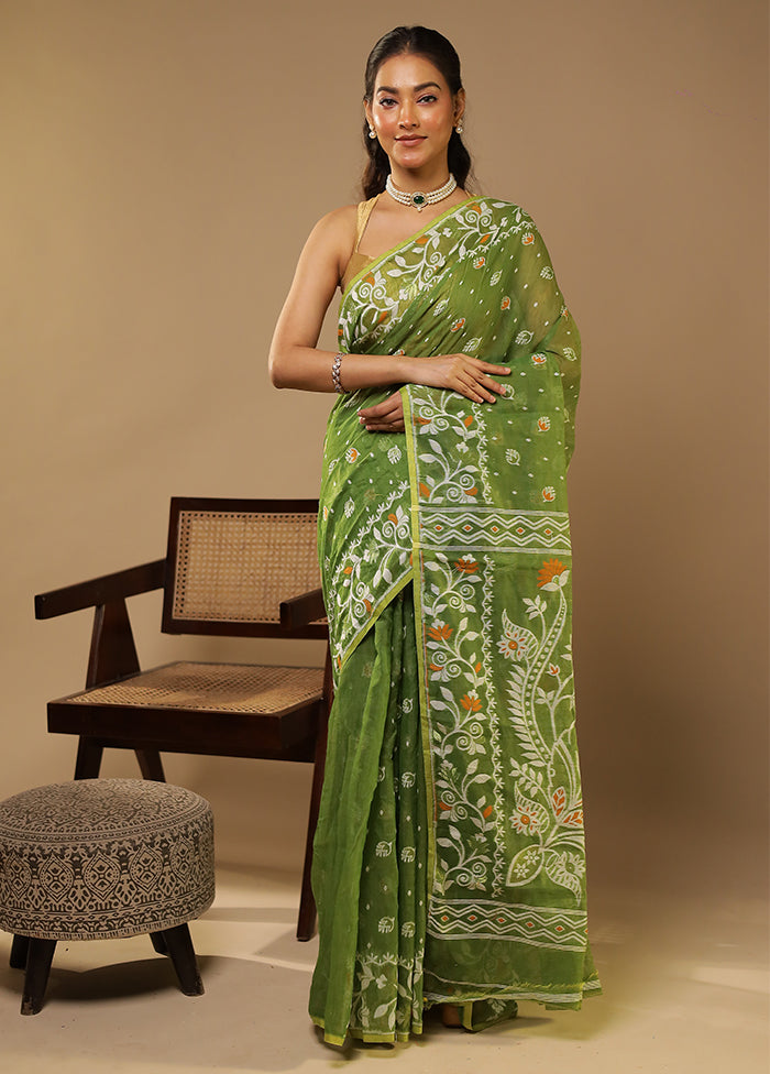 Green Jamdani Cotton Saree With Blouse Piece