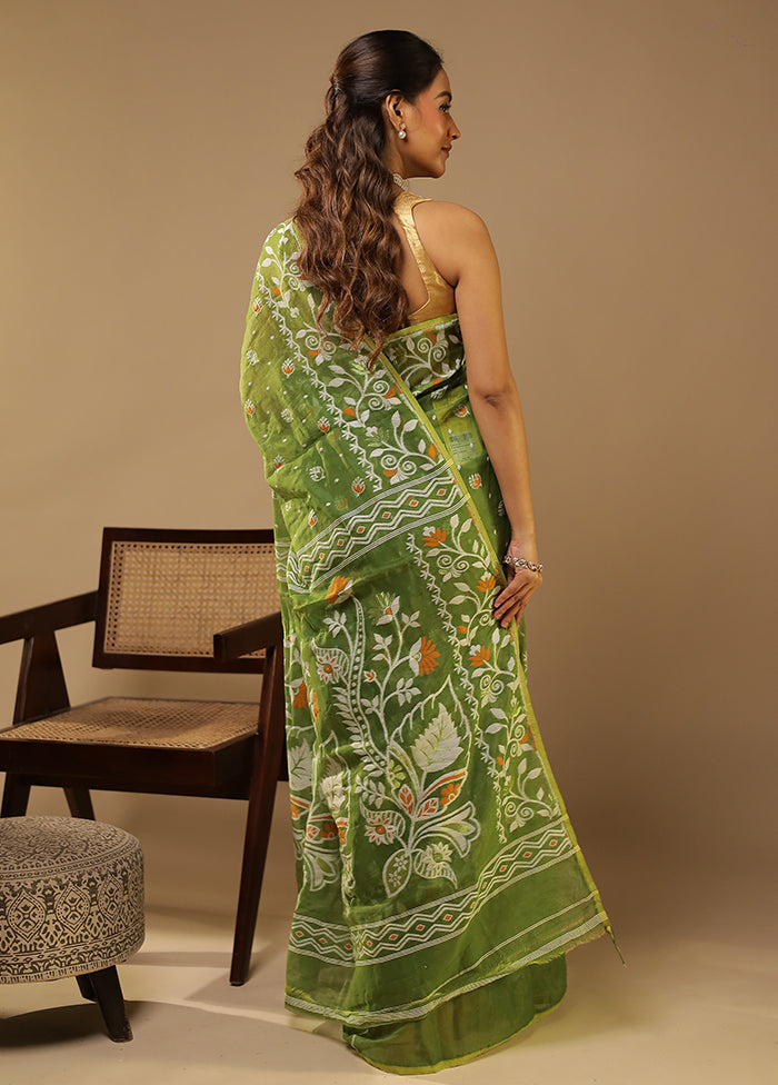 Green Jamdani Cotton Saree With Blouse Piece
