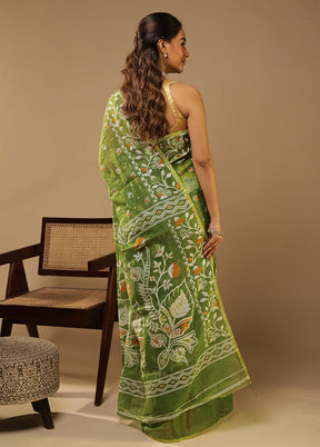 Green Jamdani Cotton Saree With Blouse Piece