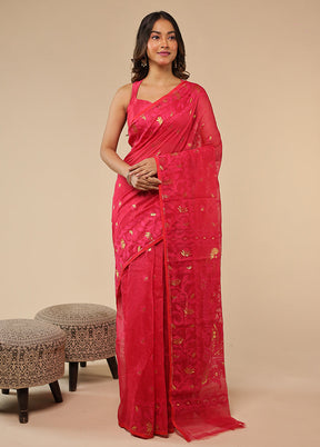 Red Jamdani Cotton Saree With Blouse Piece