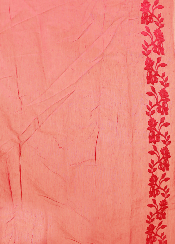 Red Jamdani Cotton Saree With Blouse Piece