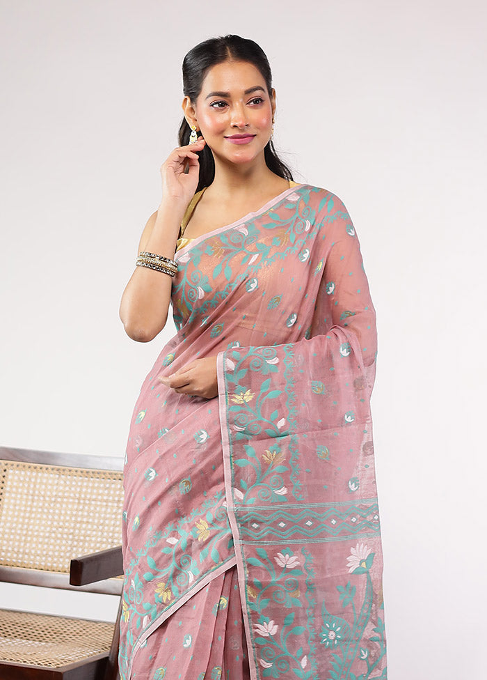 Pink Jamdani Cotton Saree With Blouse Piece