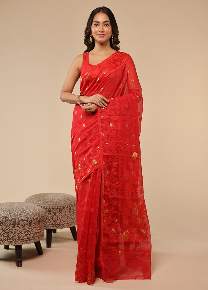Red Jamdani Cotton Saree With Blouse Piece