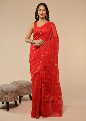 Red Jamdani Cotton Saree With Blouse Piece