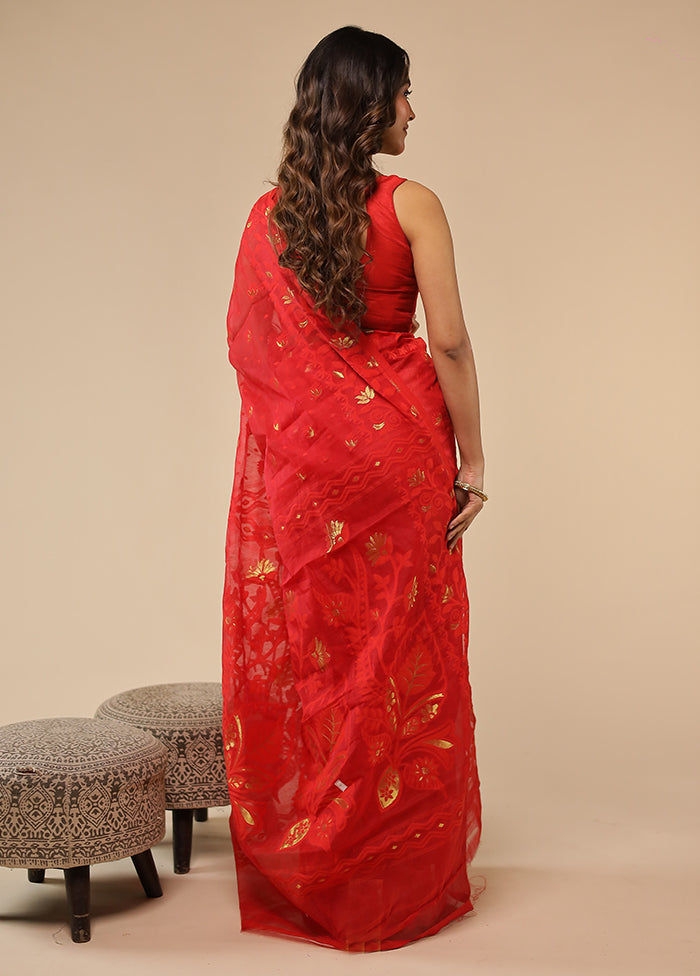 Red Jamdani Cotton Saree With Blouse Piece