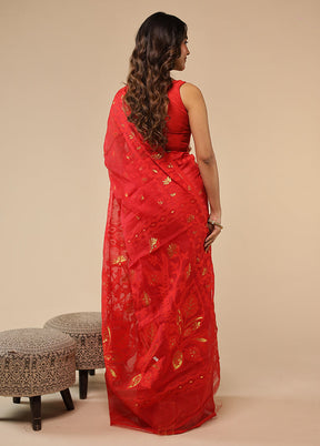 Red Jamdani Cotton Saree With Blouse Piece