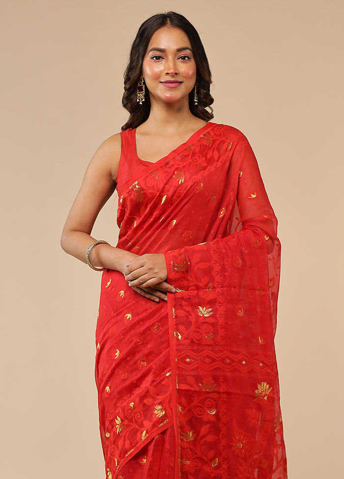 Red Jamdani Cotton Saree With Blouse Piece