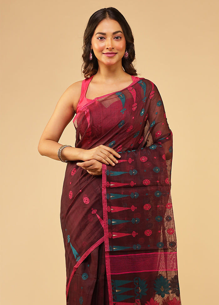 Maroon Jamdani Cotton Saree Without Blouse Piece