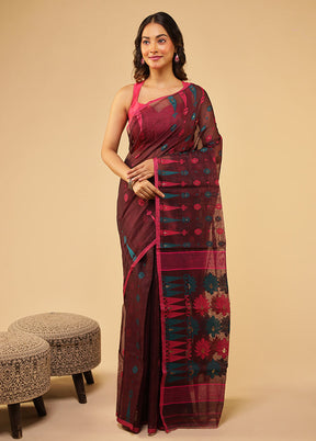 Maroon Jamdani Cotton Saree Without Blouse Piece