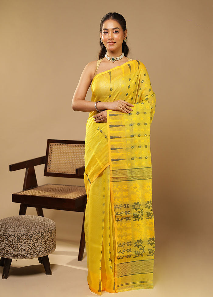 Yellow Jamdani Cotton Saree Without Blouse Piece